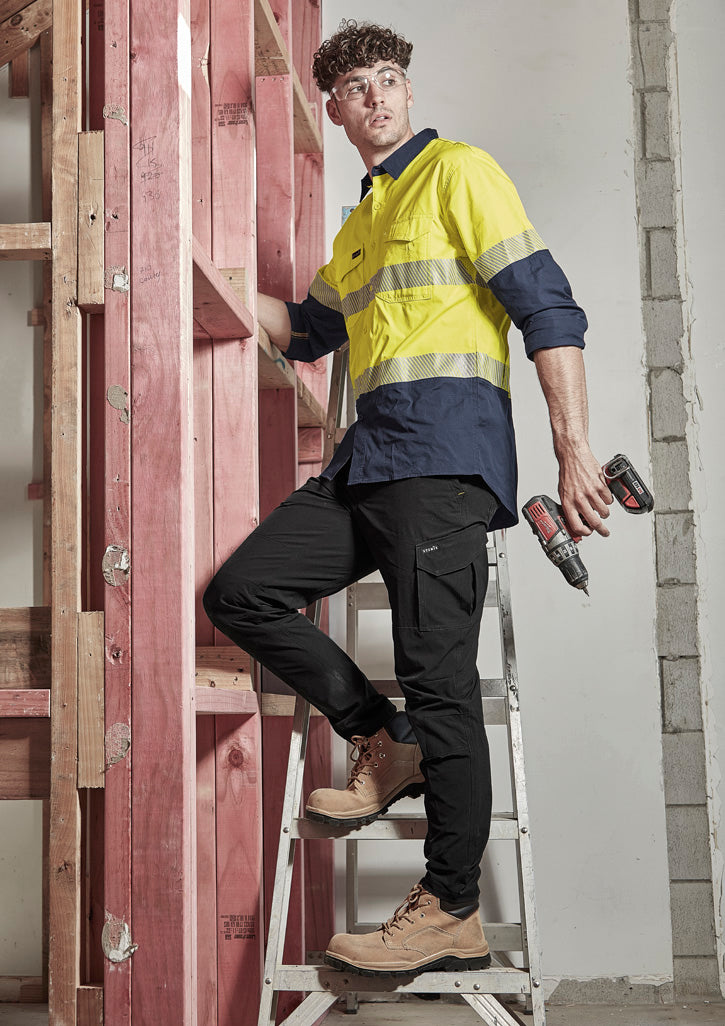 Mens Rugged Cooling Hi Vis Segmented Tape Long Sleeve Shirt - Yellow/Navy - Model