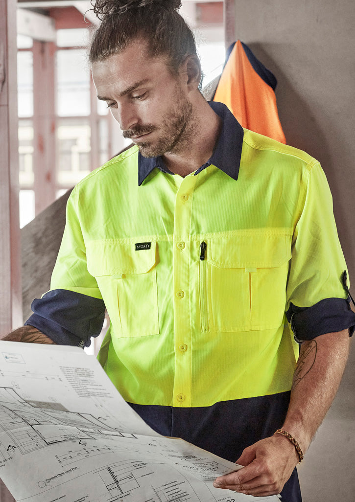Mens Hi Vis Outdoor Long Sleeve Shirt - Yellow/Navy - Model