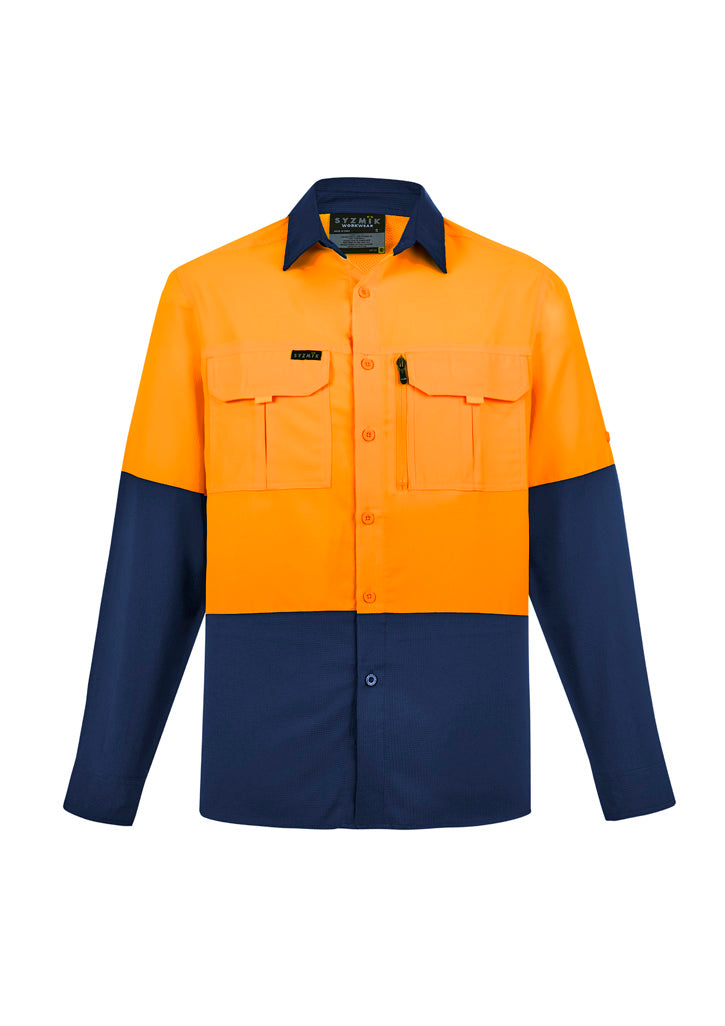 Mens Hi Vis Outdoor Long Sleeve Shirt - Orange/Navy - Front
