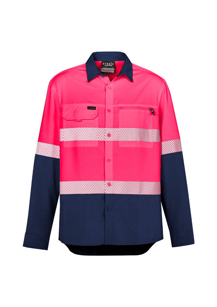 Mens Hi Vis Outdoor Segmented Tape Long Sleeve Shirt - Pink/Navy - Front