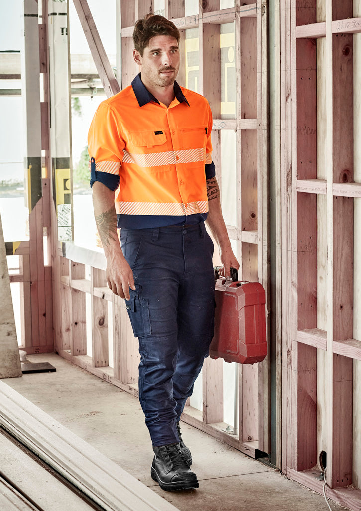Mens Hi Vis Outdoor Segmented Tape Long Sleeve Shirt - Orange/Navy - Model