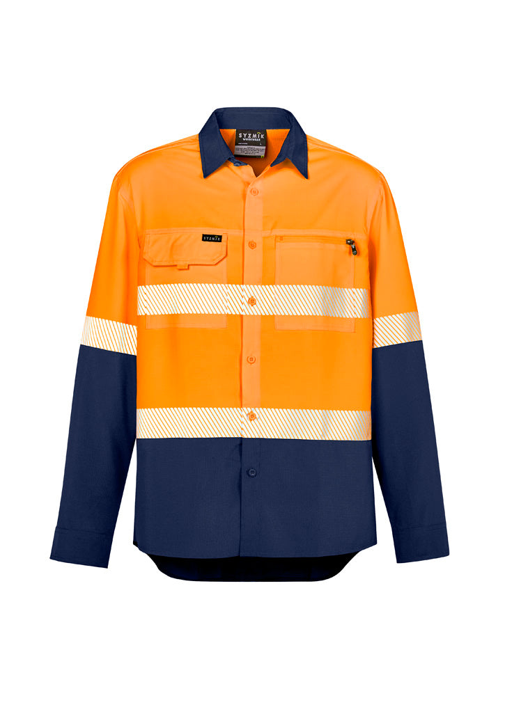 Mens Hi Vis Outdoor Segmented Tape Long Sleeve Shirt - Orange/Navy - Front