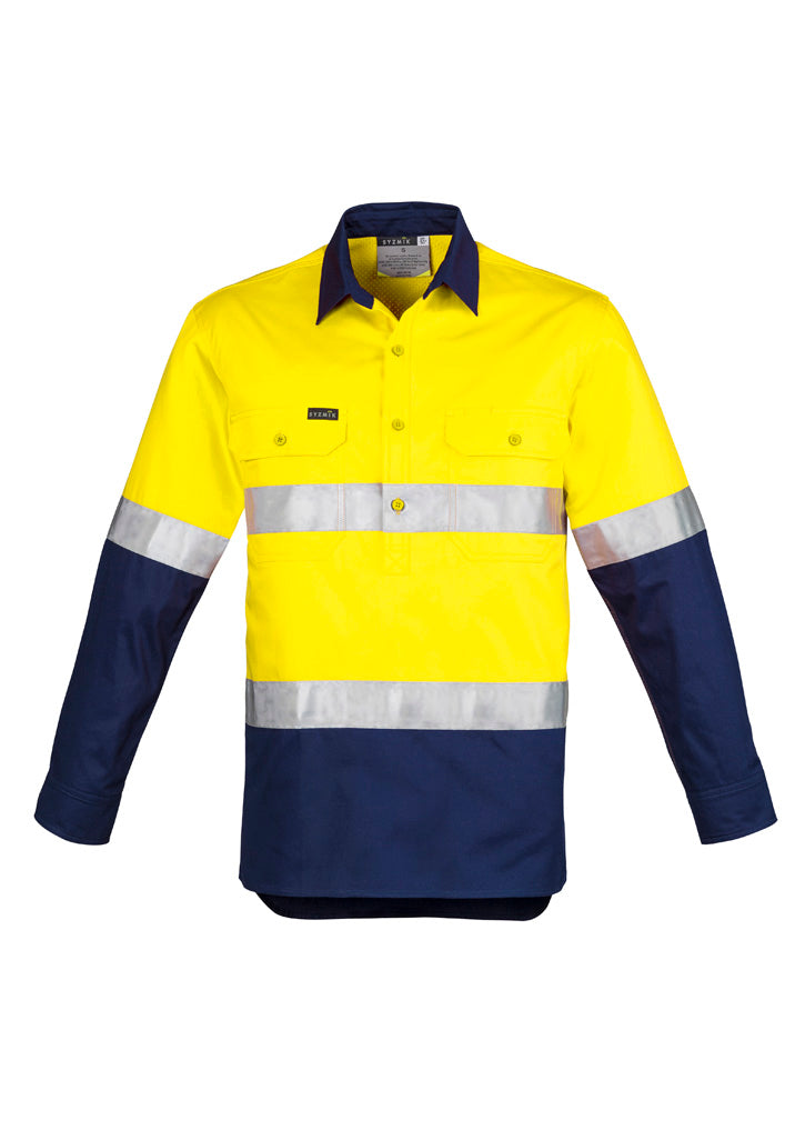 Mens Closed Front Long Sleeve Shirt - Hoop Taped - Yellow/Navy - Front