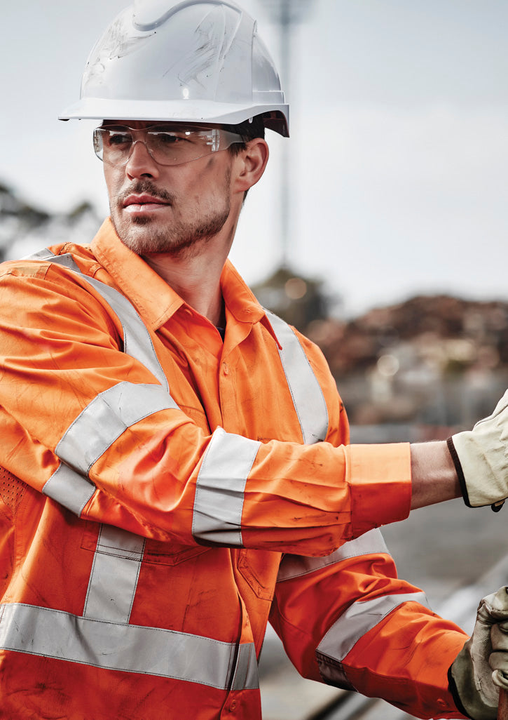 Mens Hi Vis X Back NSW Rail Taped Shirt - Orange - Model