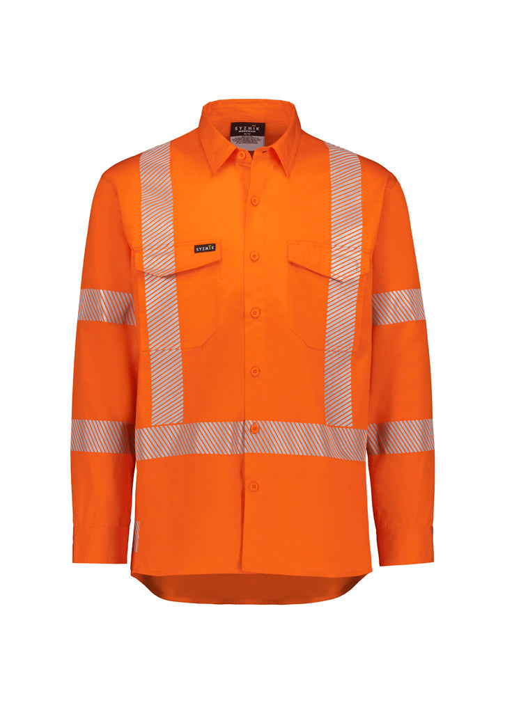 Mens Hi Vis X Back NSW Rail Shirt - Segmented Tape - Orange - Front