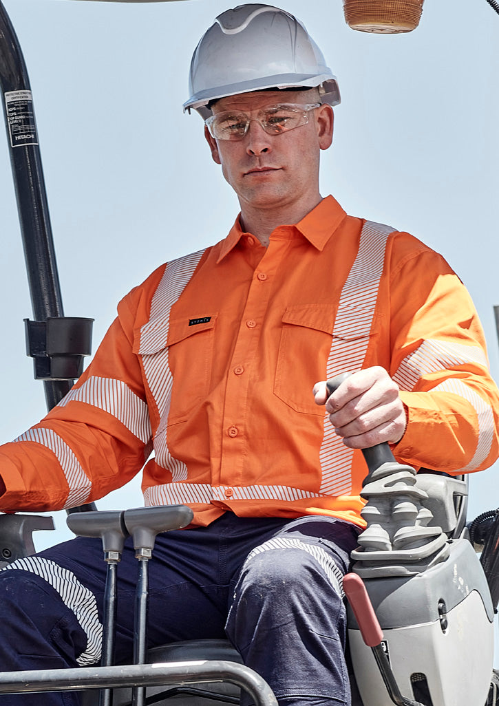 Mens Hi Vis X Back NSW Rail Shirt - Segmented Tape - Orange - Model