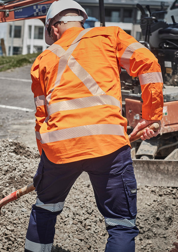 Mens Hi Vis X Back NSW Rail Shirt - Segmented Tape - Orange - Model