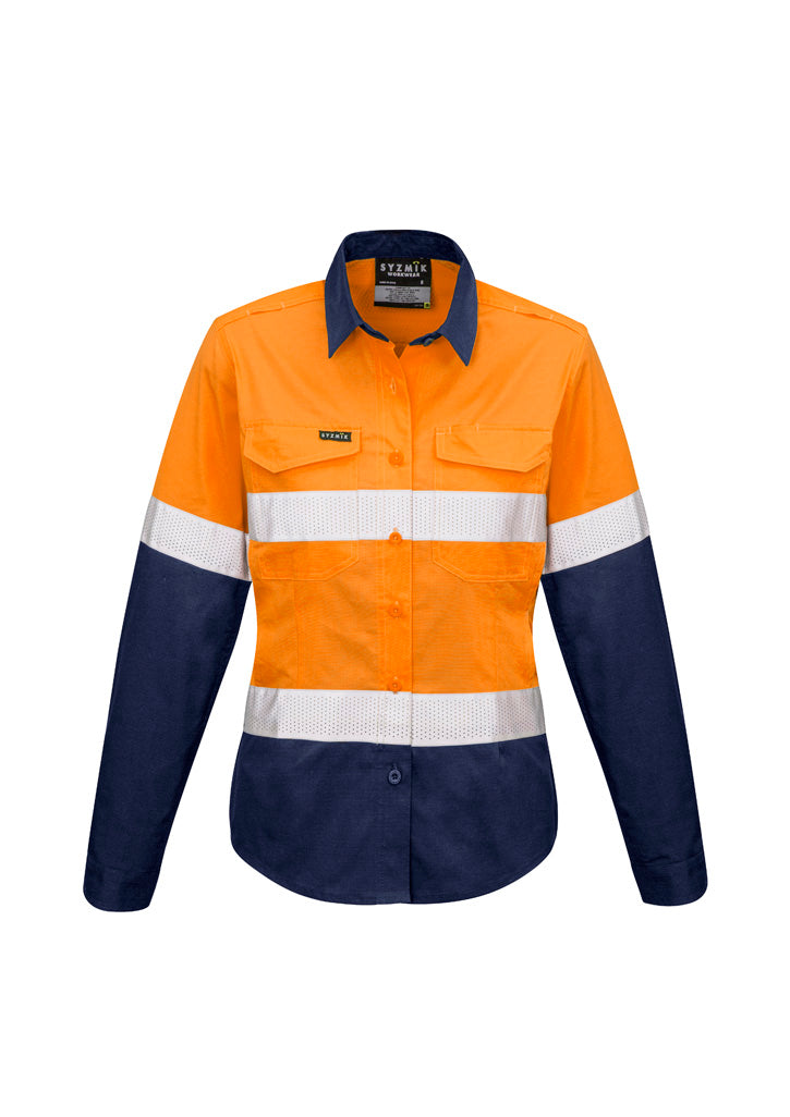 Womens Rugged Cooling Hi Vis Taped Long Sleeve Shirt - Orange/Navy - Front