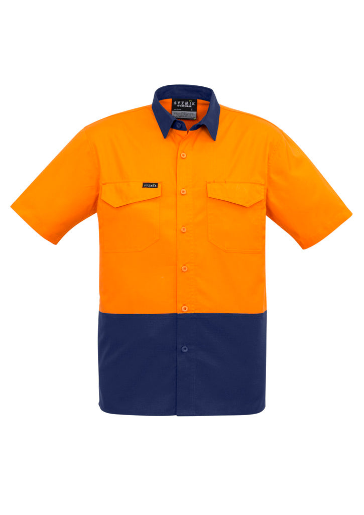 Mens Rugged Cooling Hi Vis Short Sleeve Shirt - Orange/Navy - Front