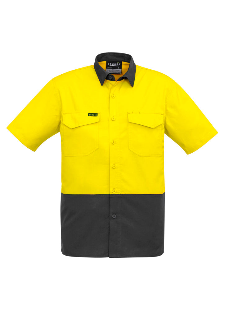 Mens Rugged Cooling Hi Vis Short Sleeve Shirt - Yellow/Charcoal - Front