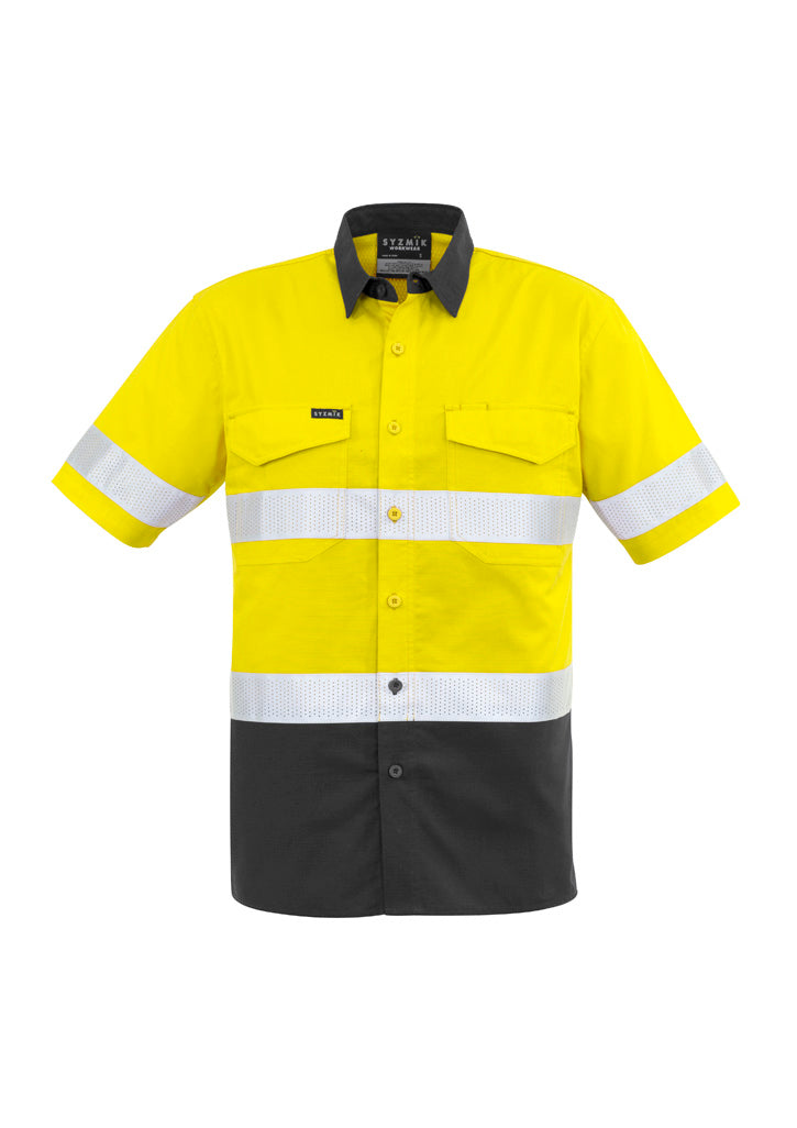 Mens Rugged Cooling Hi Vis Taped Short Sleeve Shirt - Yellow/Charcoal - Front