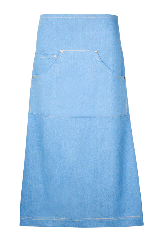 Long Waist Cotton/Denim Apron - Light Blue - Front