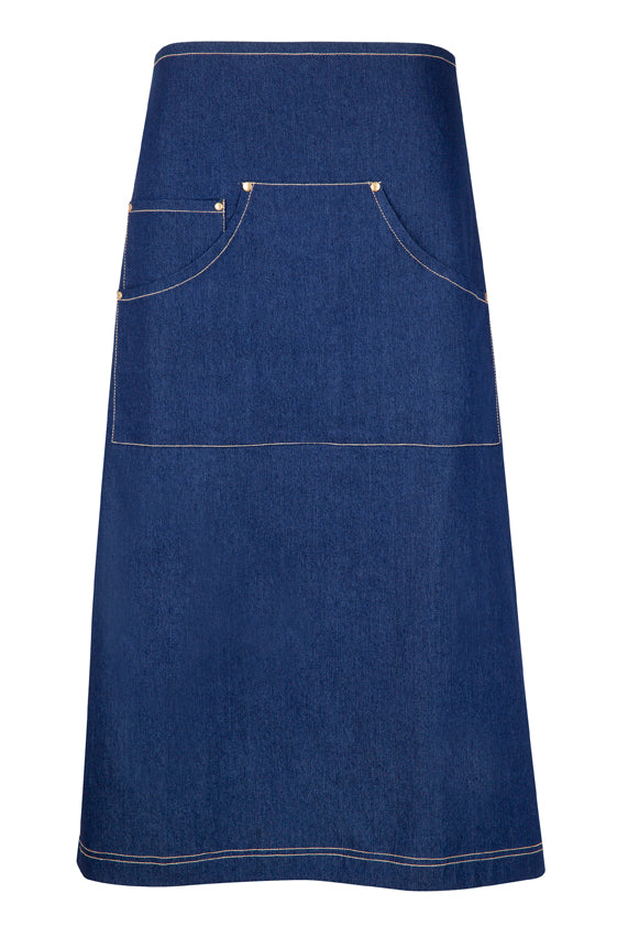 Long Waist Cotton/Denim Apron - Navy Blue - Front