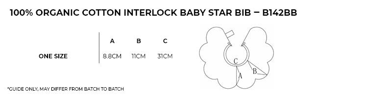 100% organic cotton interlock baby star bib 200gsm - Size guide