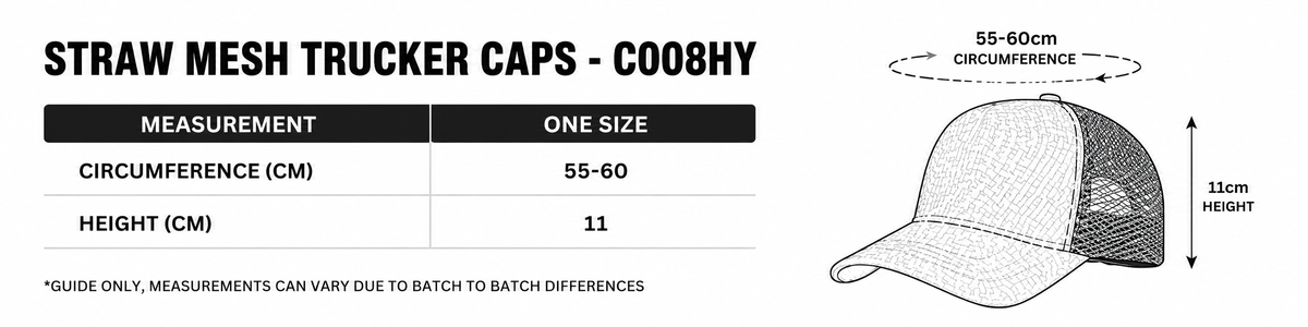 Straw Mesh Trucker Caps - Size guide