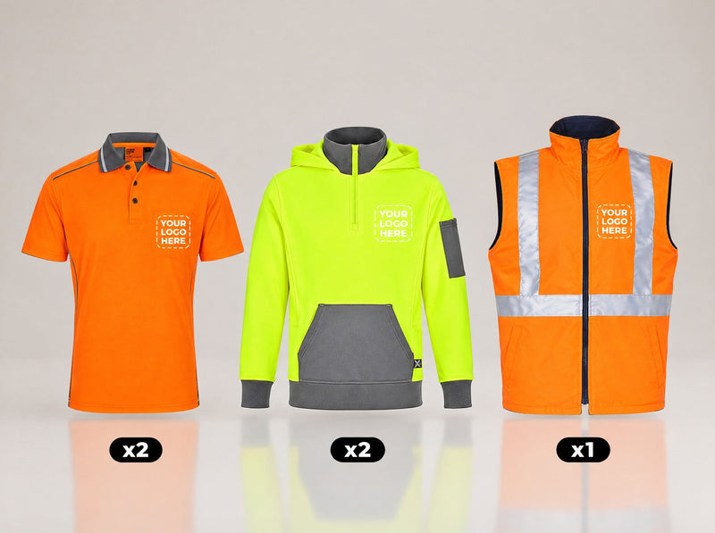 Cold Weather Hi-Vis Pack: 2 hi-vis vented polos, 2 hi-vis quarter-zip fleece hoodies and 1 reversible hi-vis vest with reflective tape