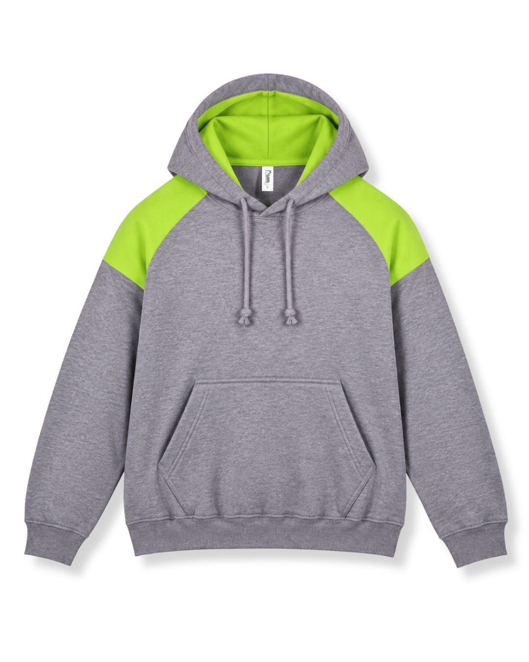 Mens Shoulder Contrast Panel Hoodie - Grey Marl/Lime - Front