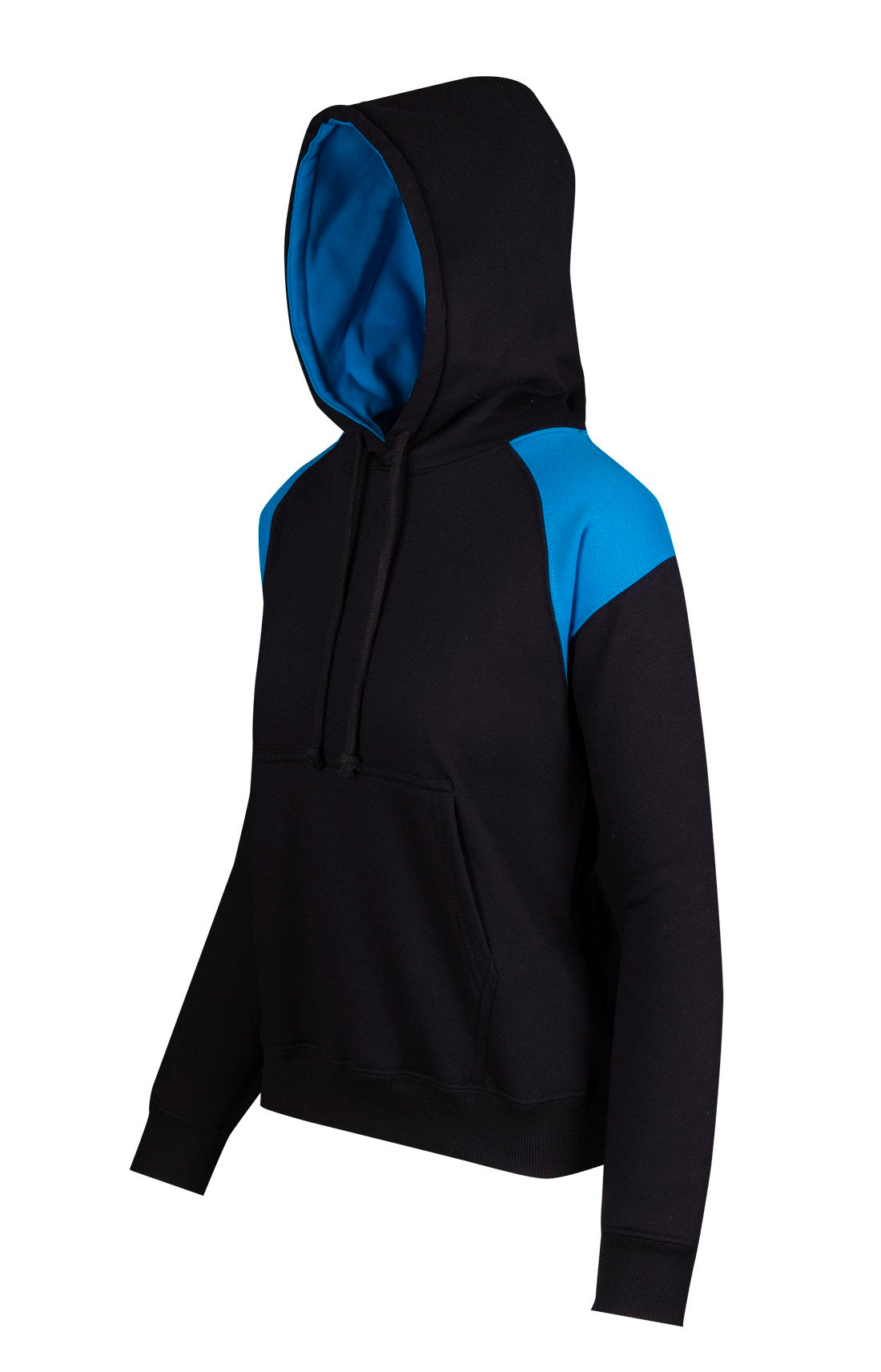 Womens/Juniors  Shoulder Contrast Panel Hoodie - Black/Azure - Side