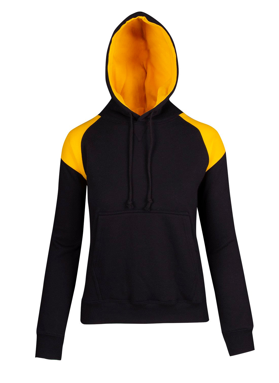 Womens/Juniors  Shoulder Contrast Panel Hoodie - Black/Gold - Front