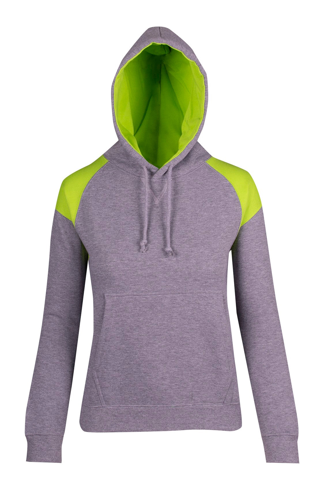 Womens/Juniors  Shoulder Contrast Panel Hoodie - Grey Marl/Lime - Front