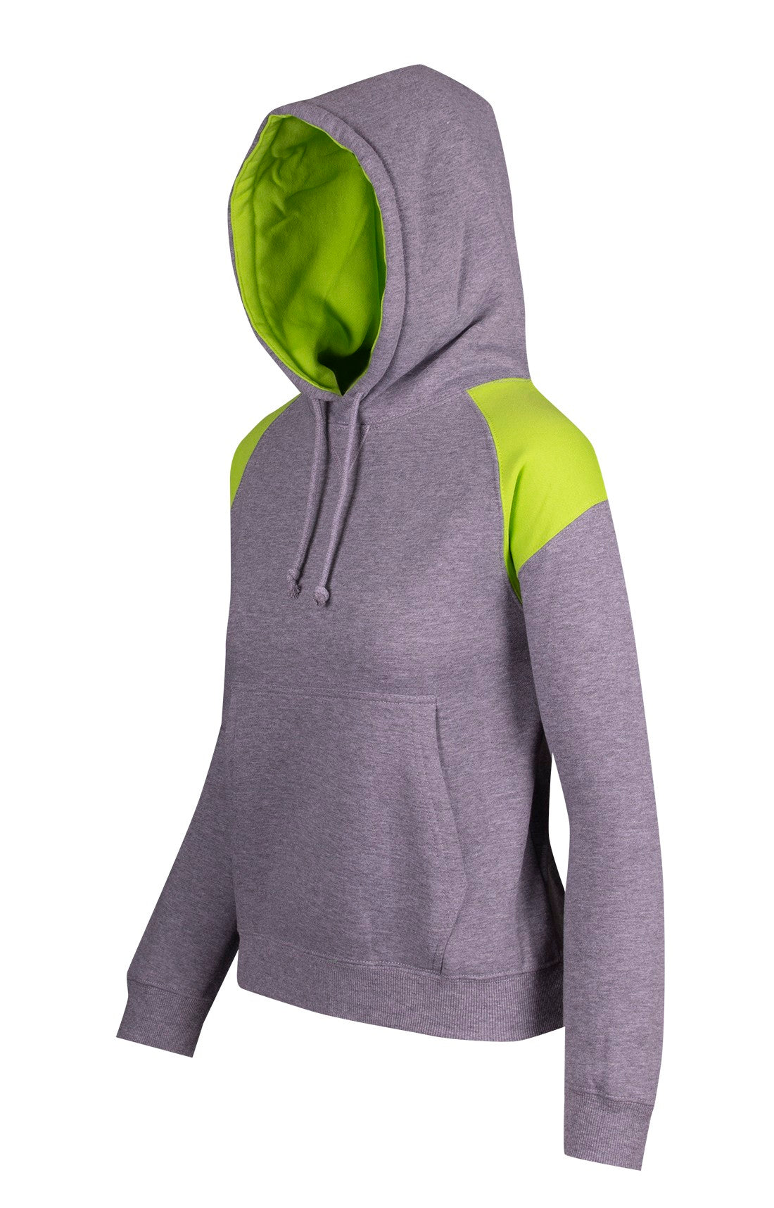 Womens/Juniors  Shoulder Contrast Panel Hoodie - Grey Marl/Lime - Side