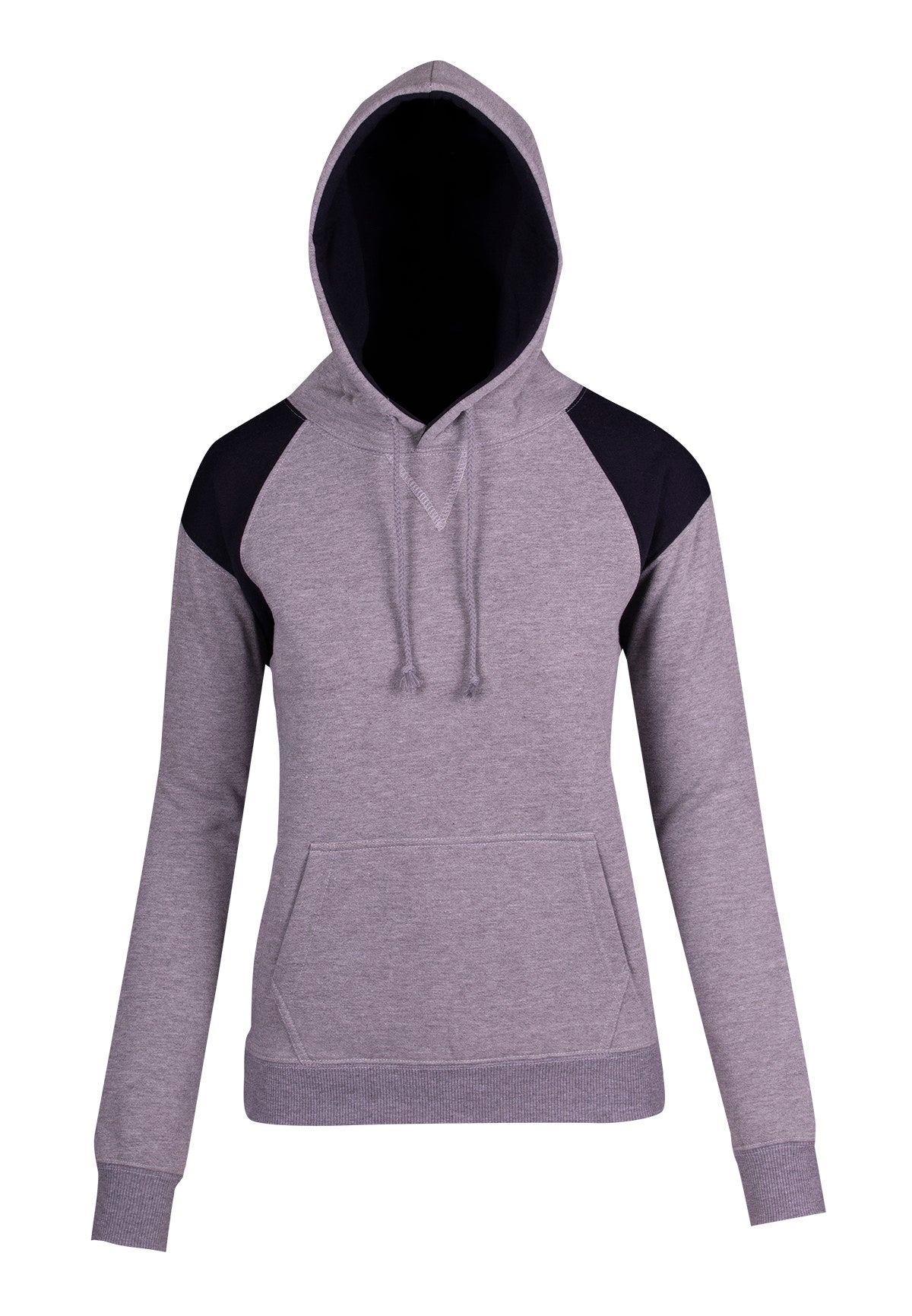 Womens/Juniors  Shoulder Contrast Panel Hoodie - Grey Marl/Navy - Front