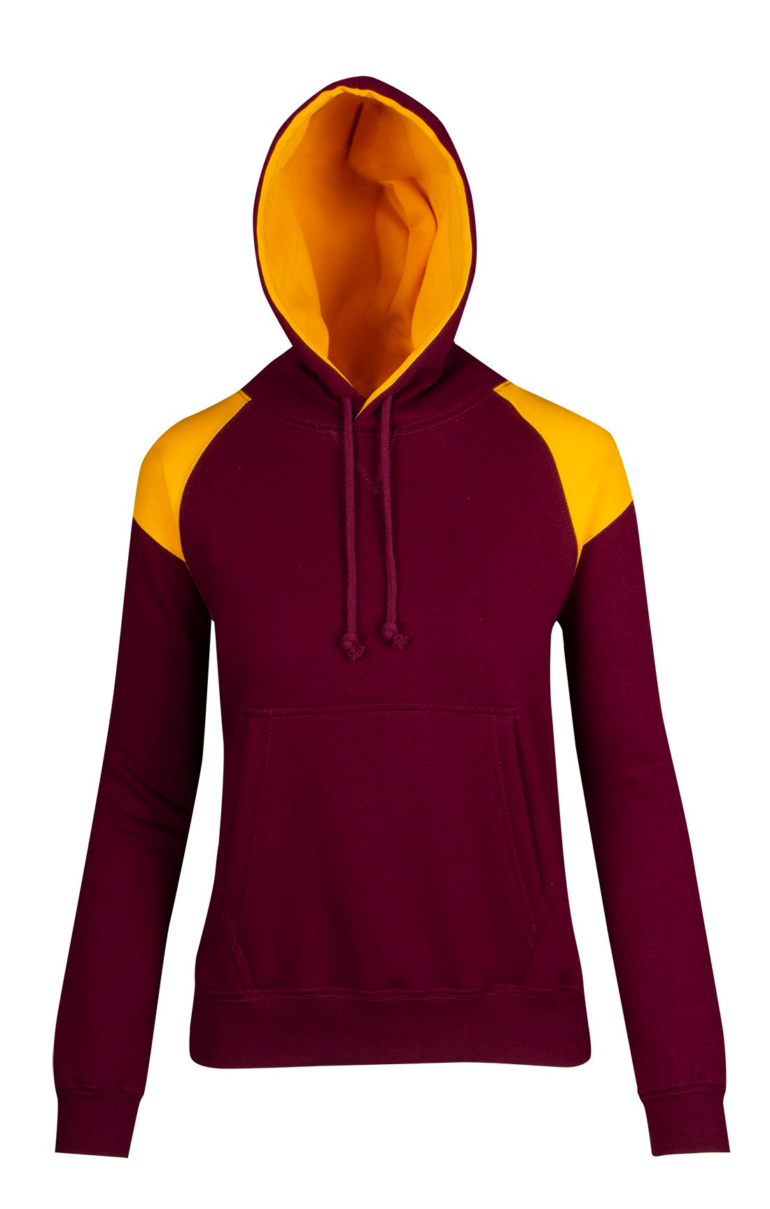 Womens/Juniors  Shoulder Contrast Panel Hoodie - Maroon/Gold - Front