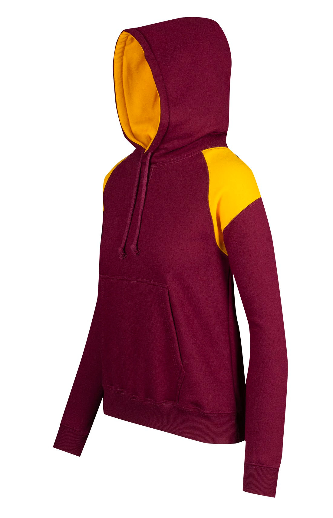 Womens/Juniors  Shoulder Contrast Panel Hoodie - Maroon/Gold - Side