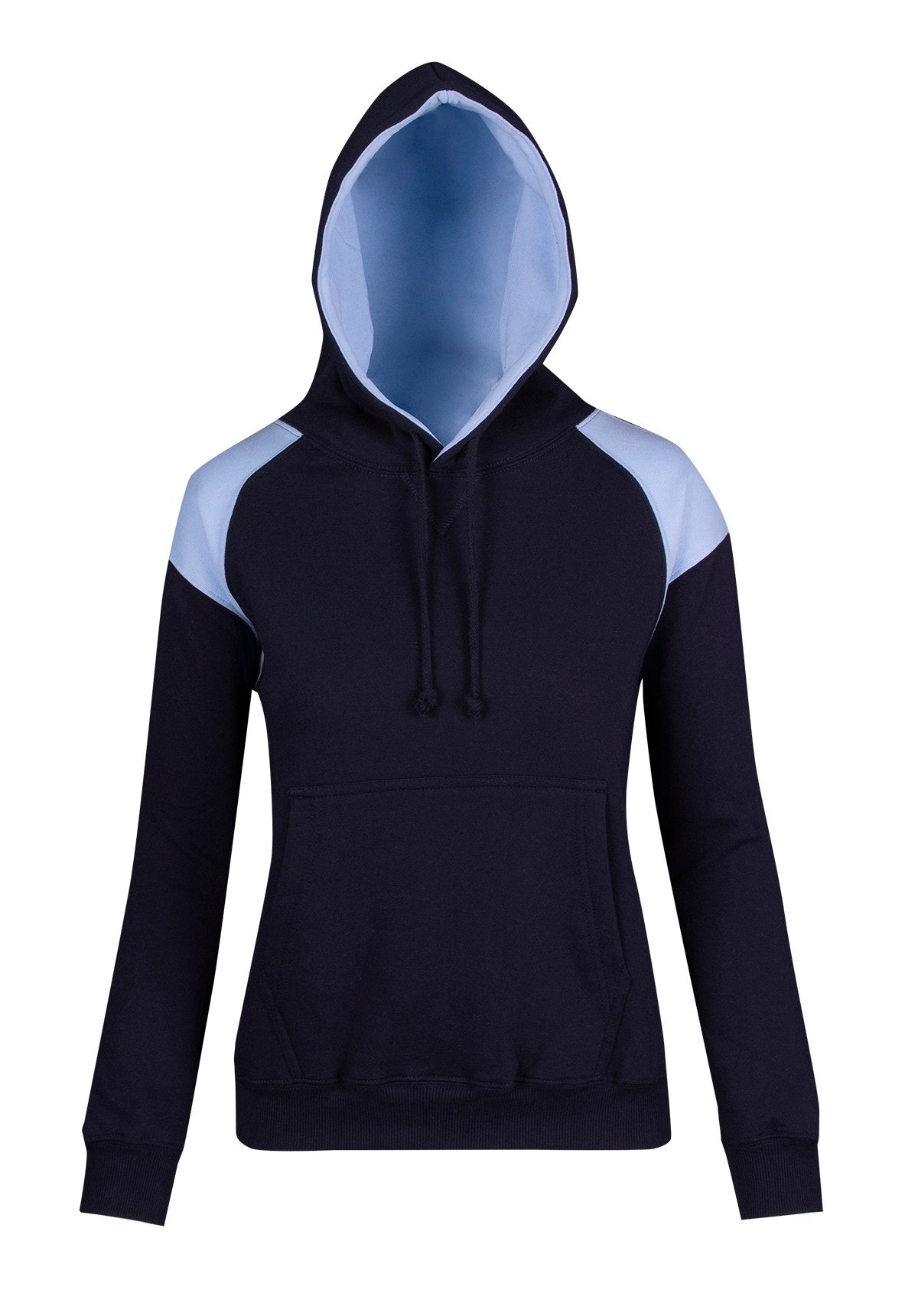 Womens/Juniors  Shoulder Contrast Panel Hoodie - Navy/Sky Blue - Front