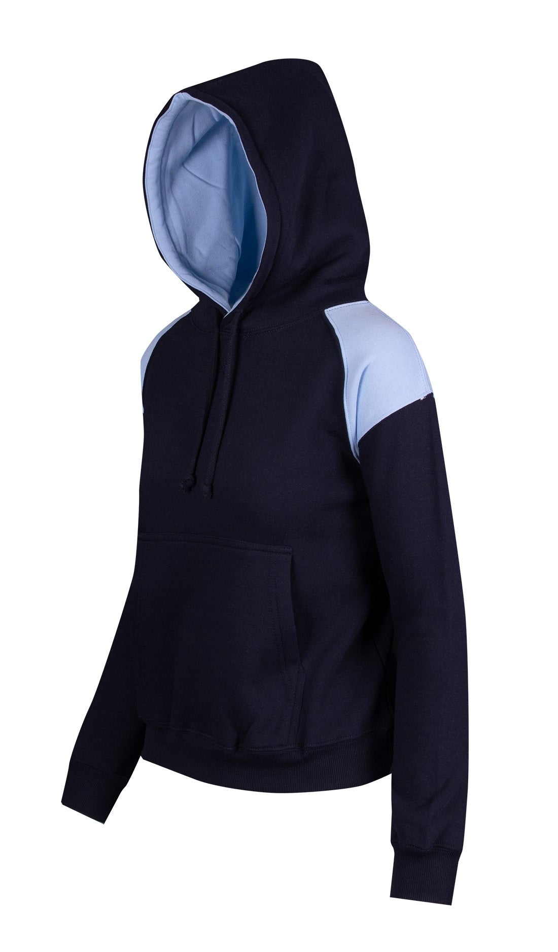 Womens/Juniors  Shoulder Contrast Panel Hoodie - Navy/Sky Blue - Side