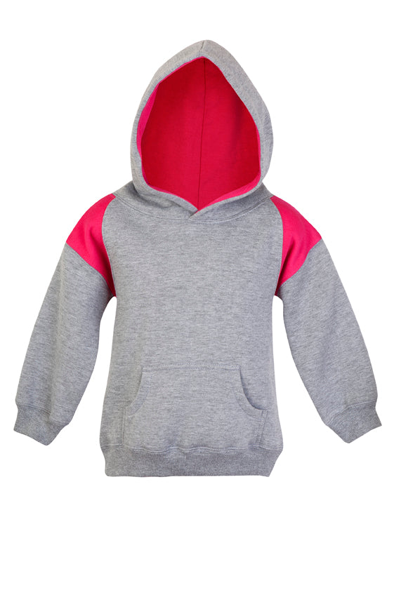 Kids Shoulder  Contrast Panel Hoodies - Grey Marl/Hot Pink - Front