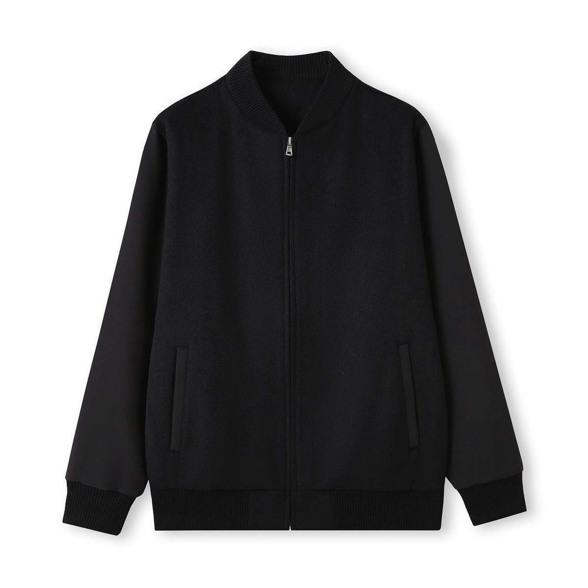 500gsm Men's/Unisex Wool Blend Soft Shell Varsity Jacket - Black/Black - Front