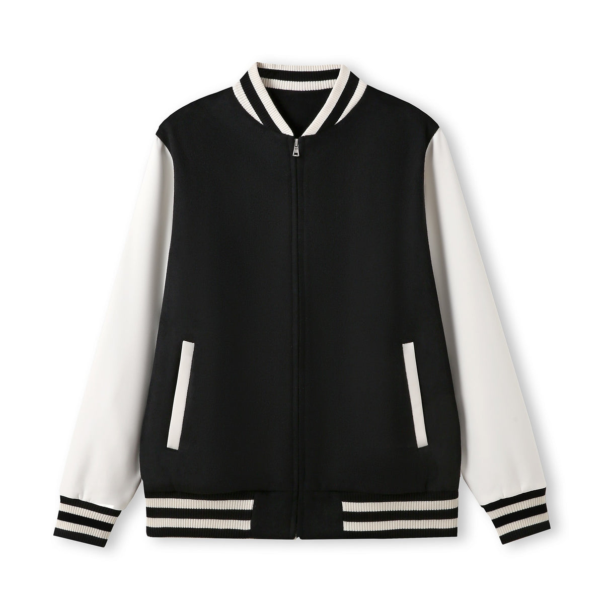 500gsm Men's/Unisex Wool Blend Soft Shell Varsity Jacket - Black/White - Front