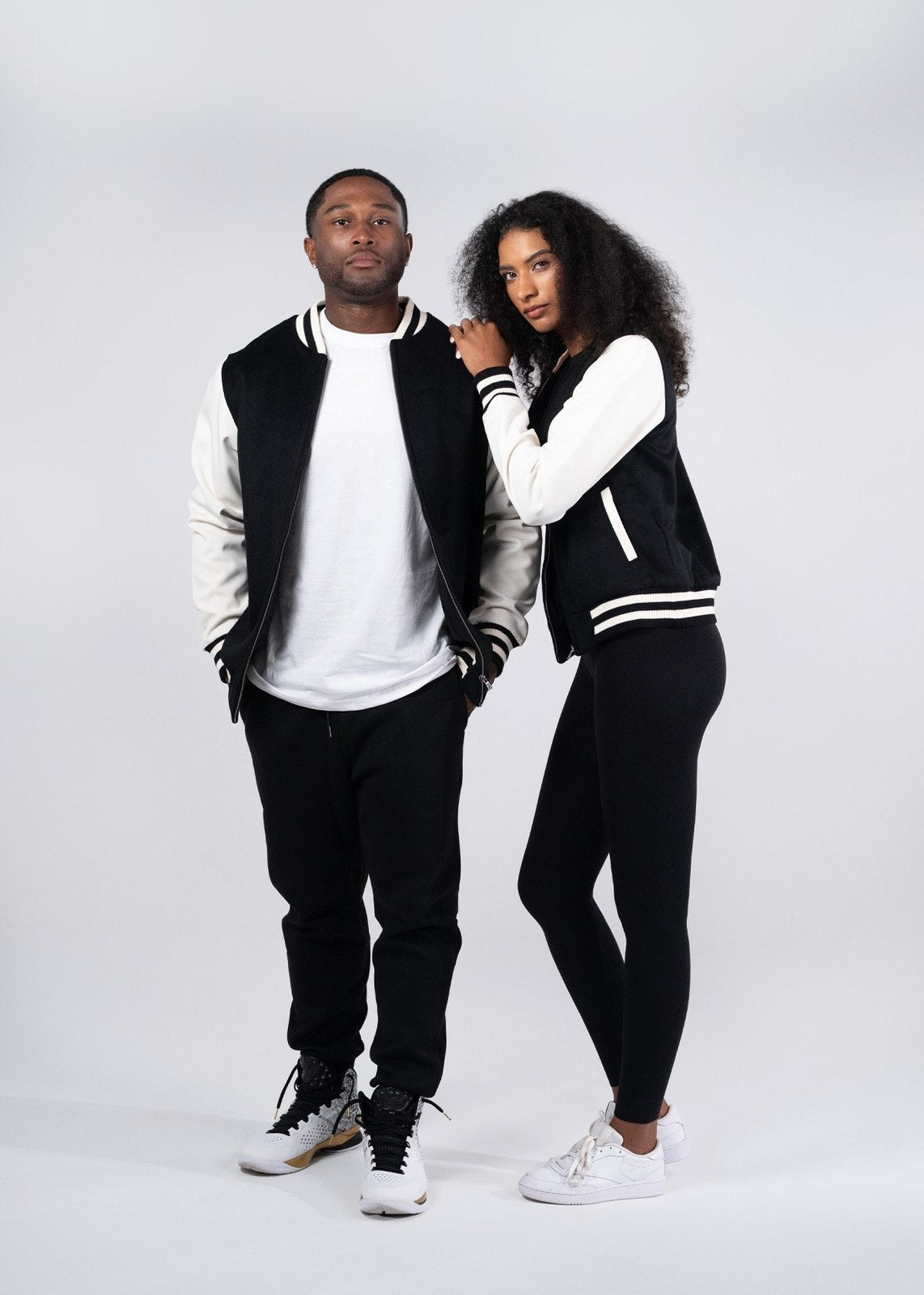 500gsm Men's/Unisex Wool Blend Soft Shell Varsity Jacket - Black/White - View