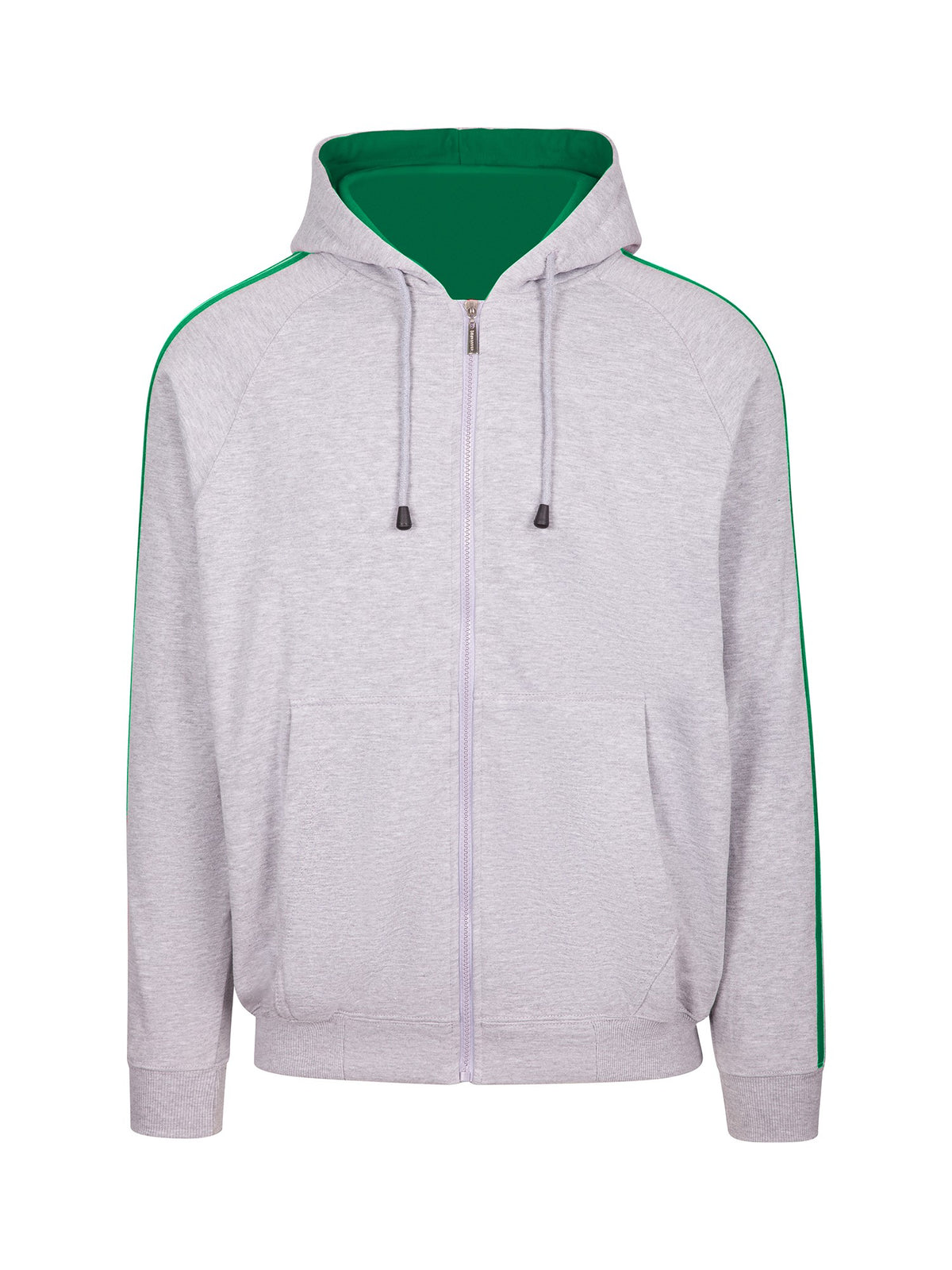 Mens Unbrushed Stripe  Sleeve Hoodie - Grey Marl/Kelly Green - Front