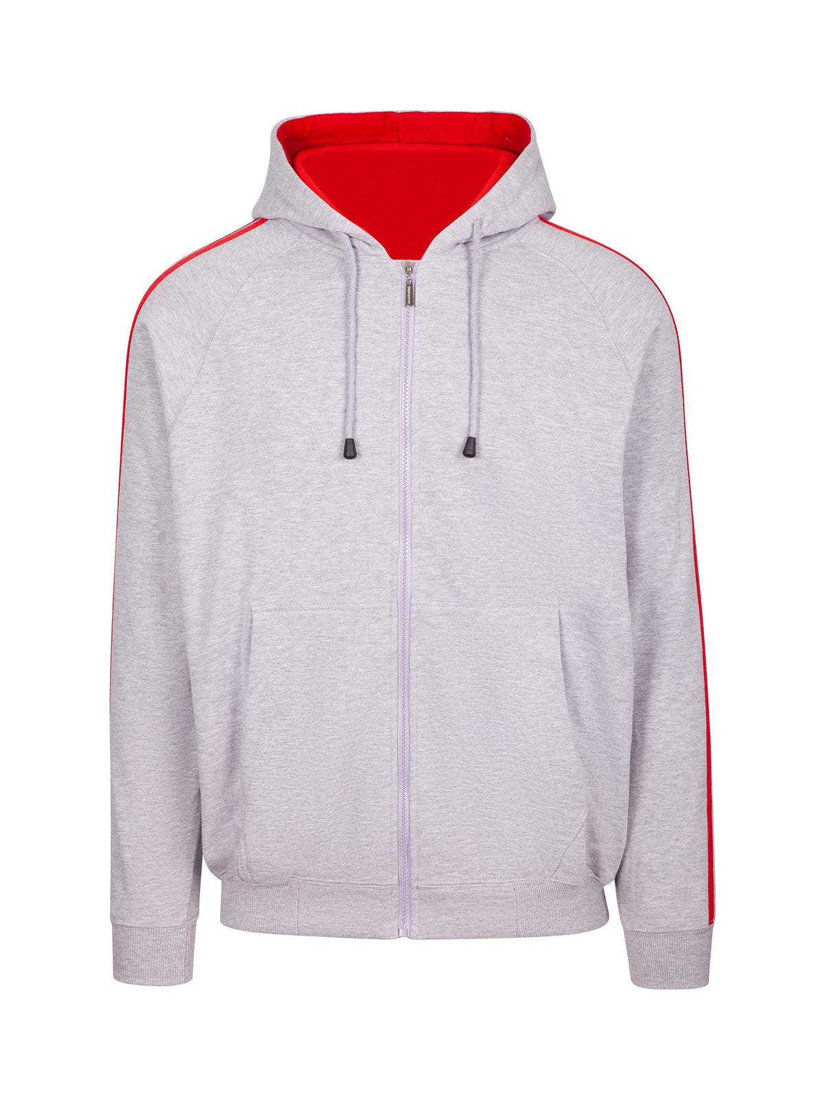 Mens Unbrushed Stripe  Sleeve Hoodie - Grey Marl/Red - Front