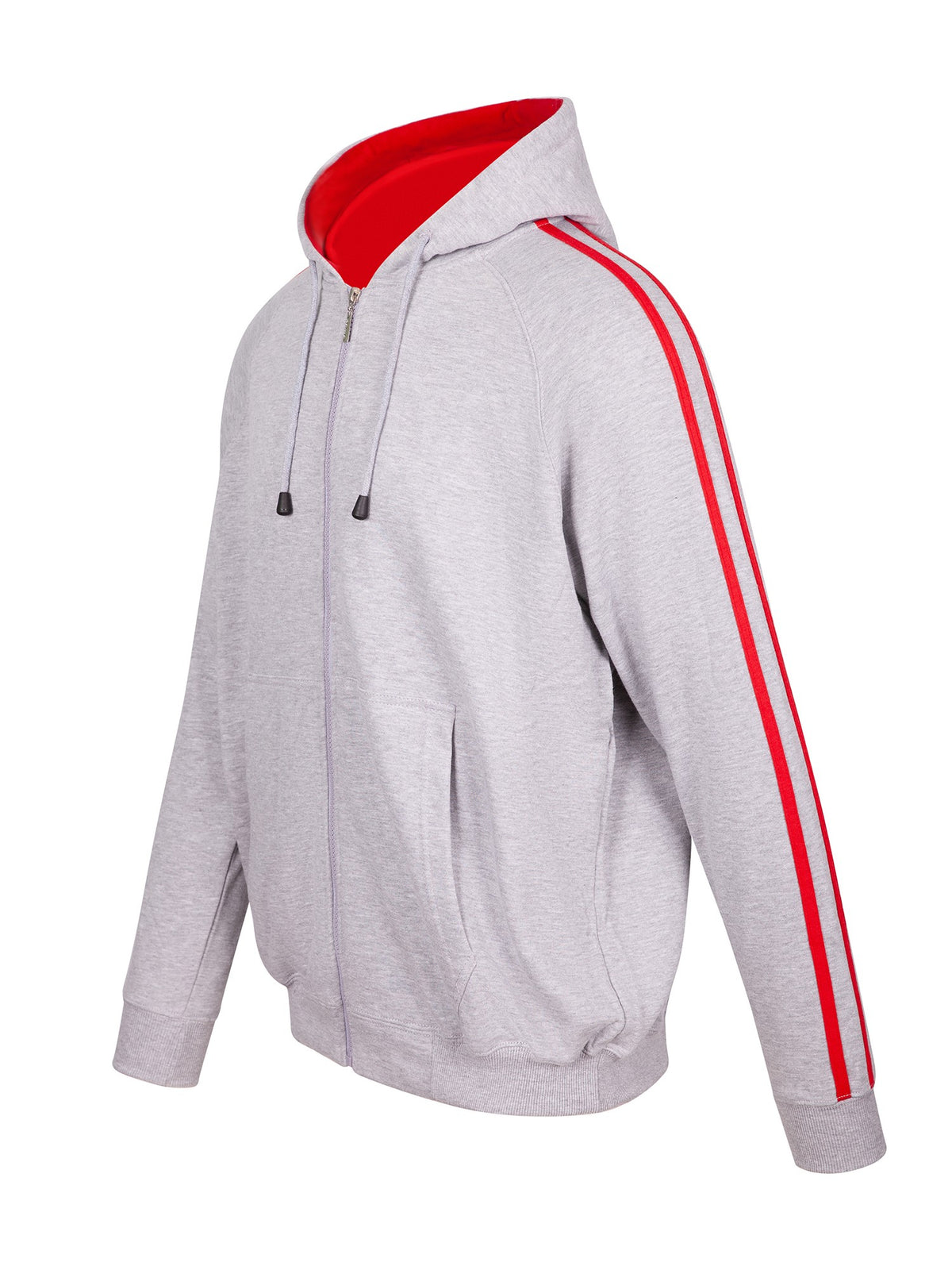 Mens Unbrushed Stripe  Sleeve Hoodie - Grey Marl/Red - Side