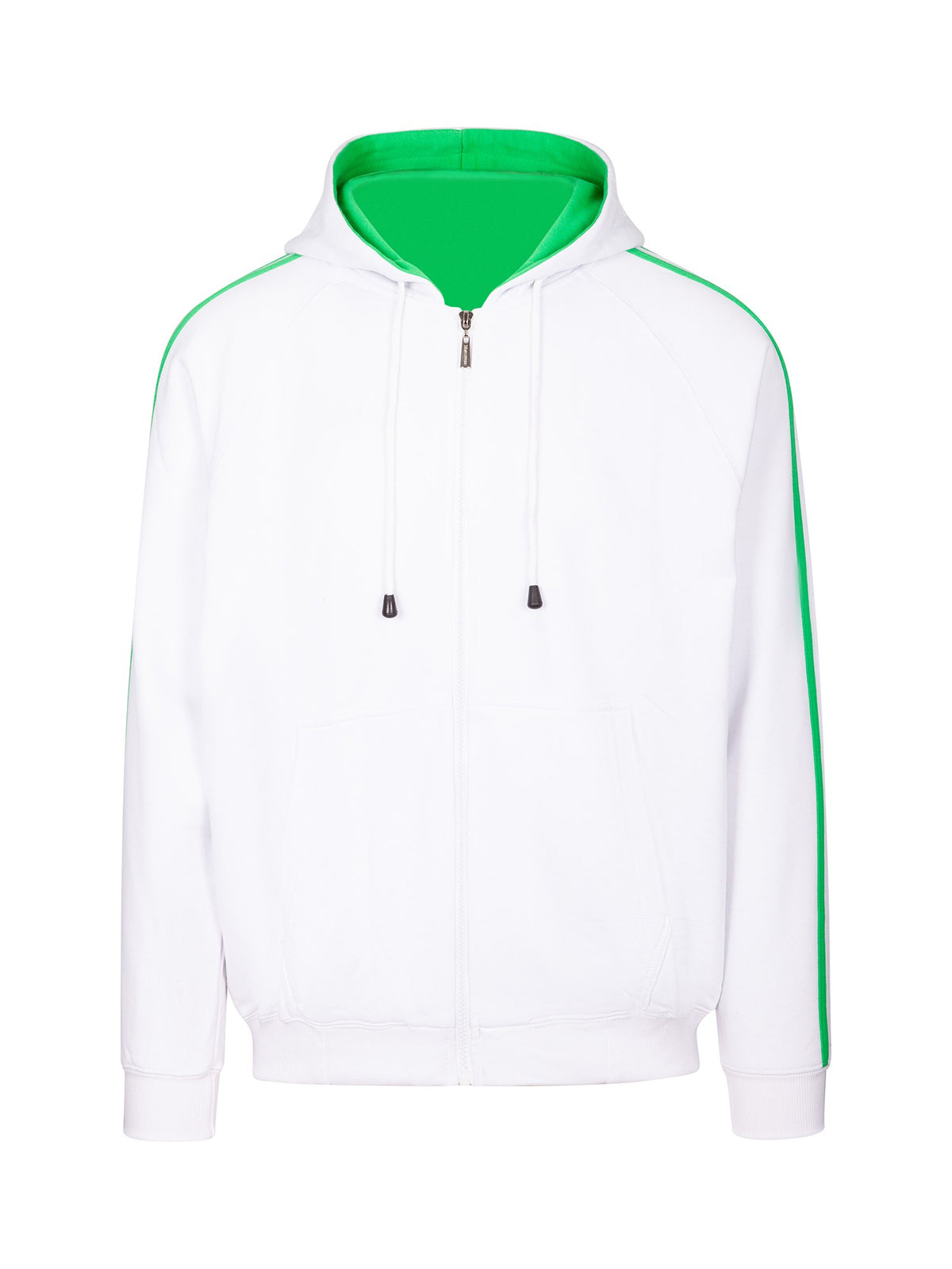 Mens Unbrushed Stripe  Sleeve Hoodie - White/Emerald Green - Front