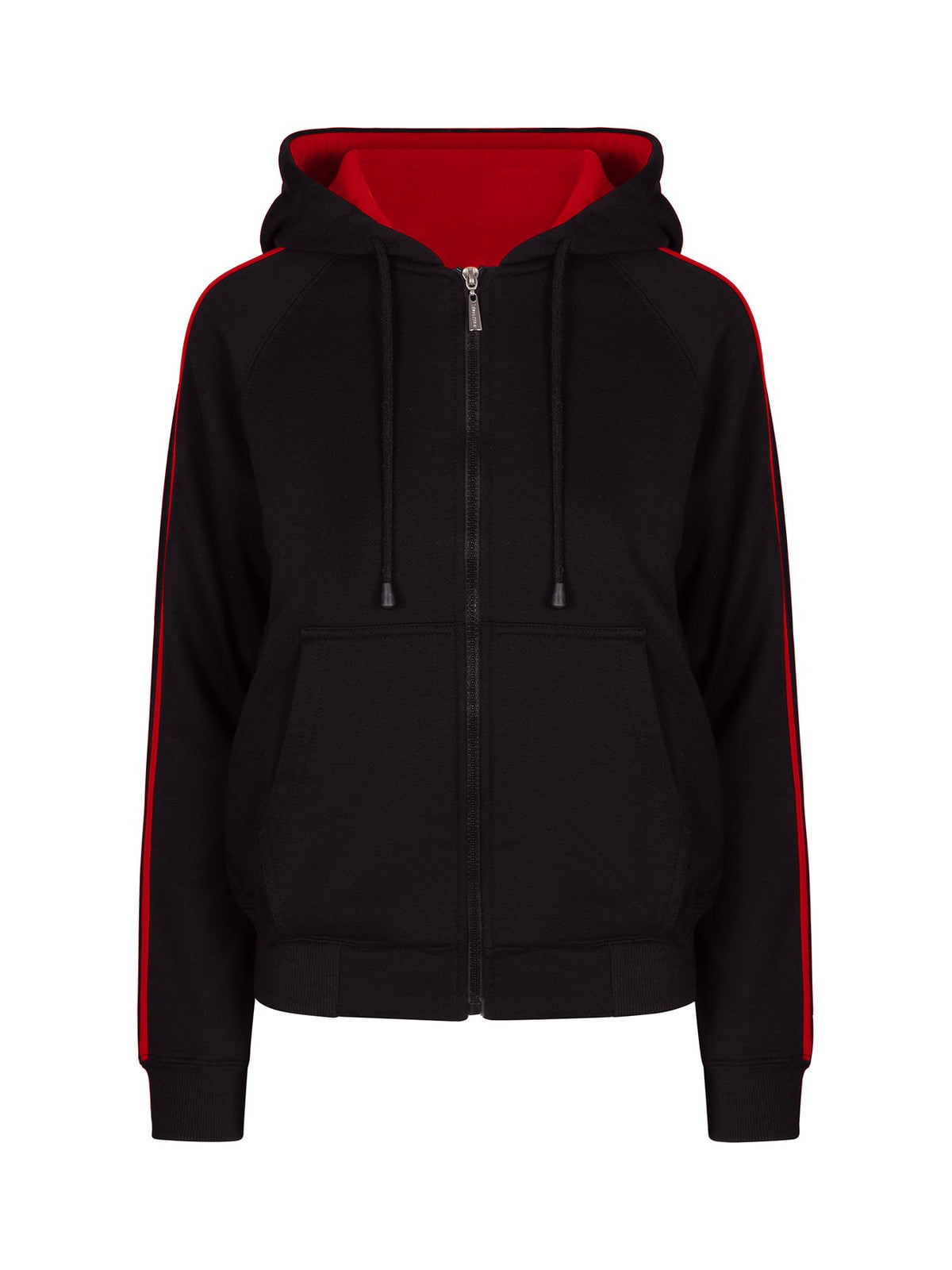 Womens/Junior stripe sleeves Hoodies - Black/Red - Front
