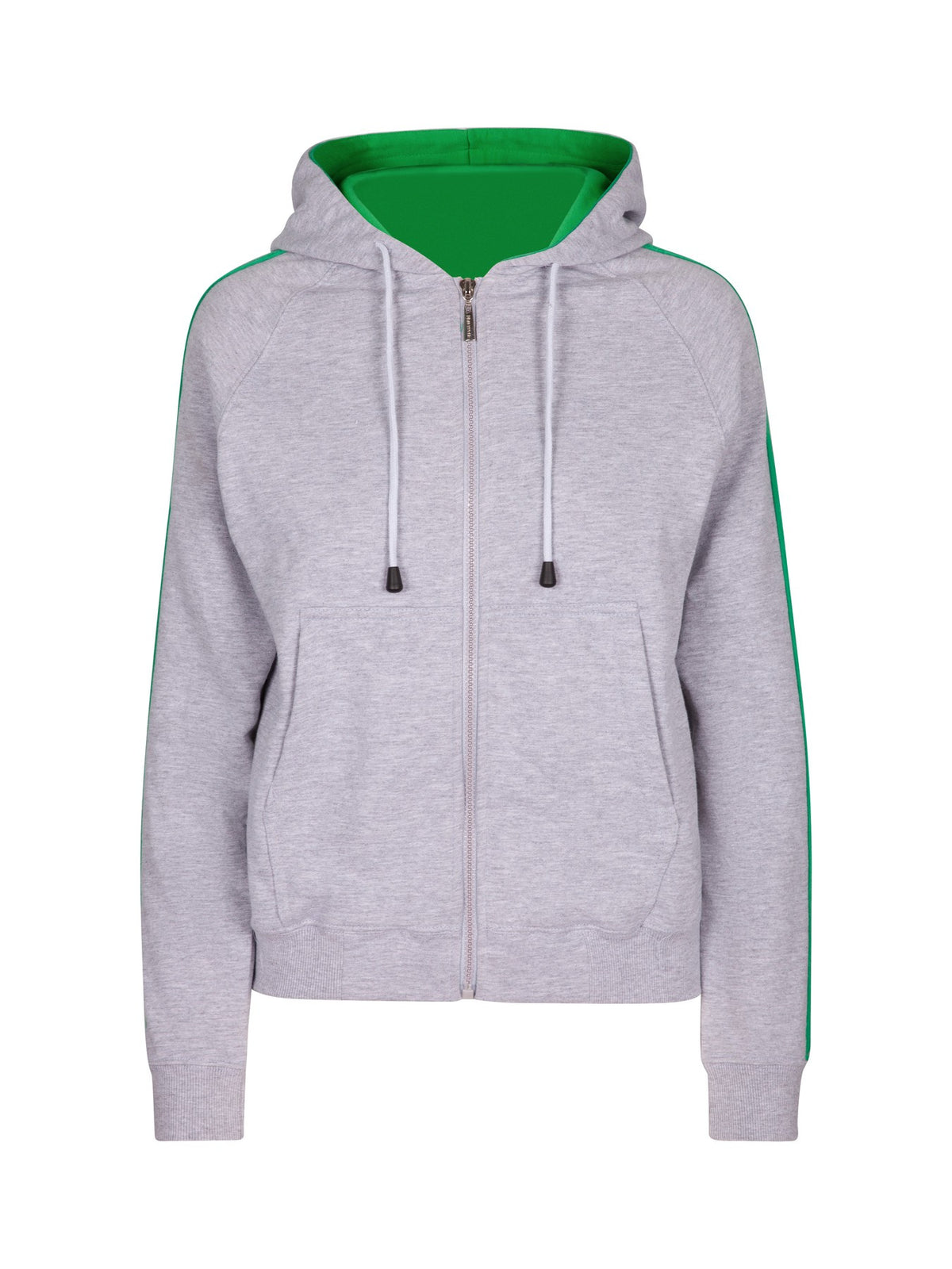 Womens/Junior stripe sleeves Hoodies - Grey Marl/Kelly Green - Front
