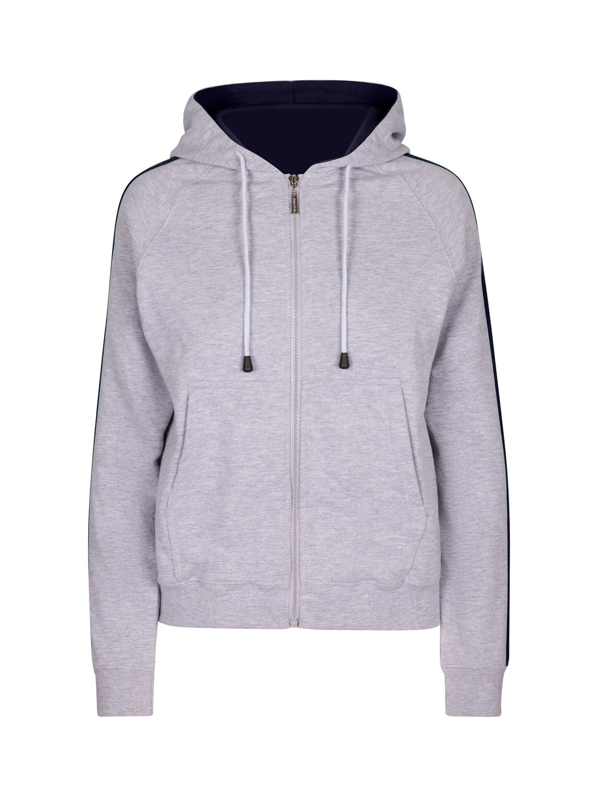 Womens/Junior stripe sleeves Hoodies - Grey Marl/Navy - Front