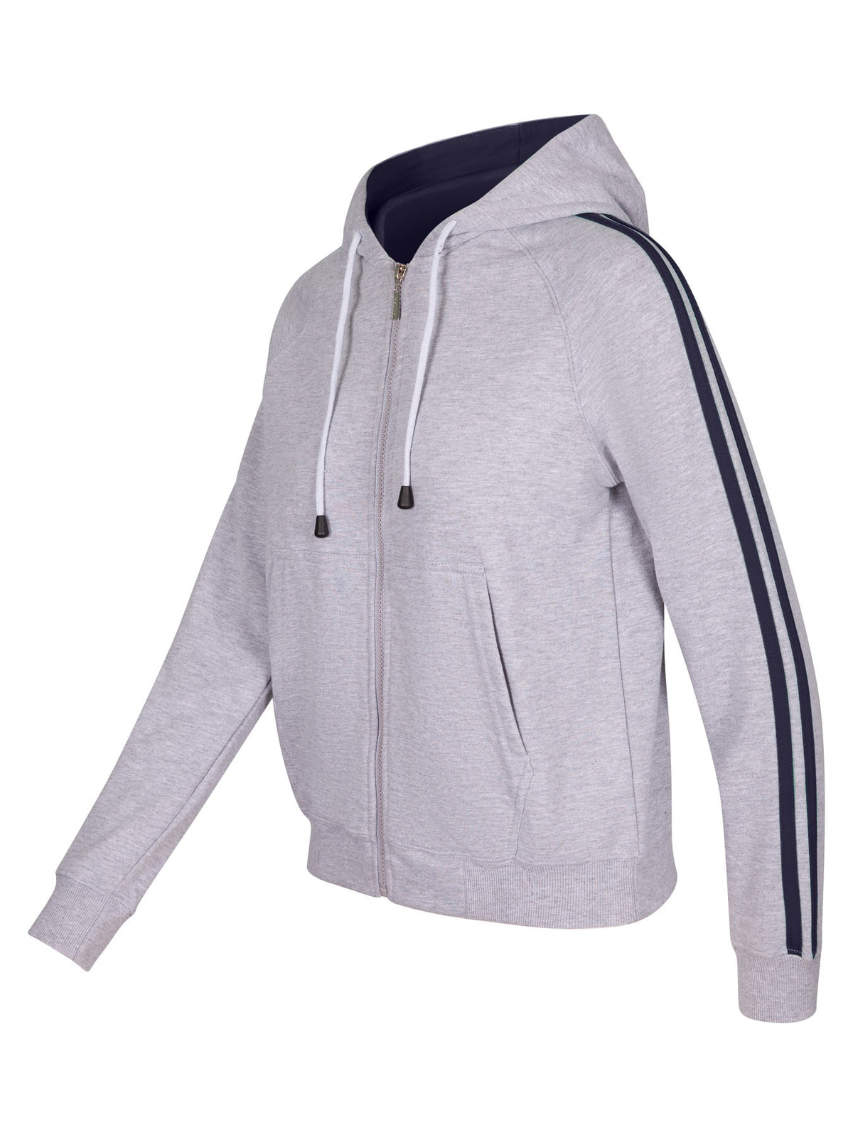 Womens/Junior stripe sleeves Hoodies - Grey Marl/Navy - Side