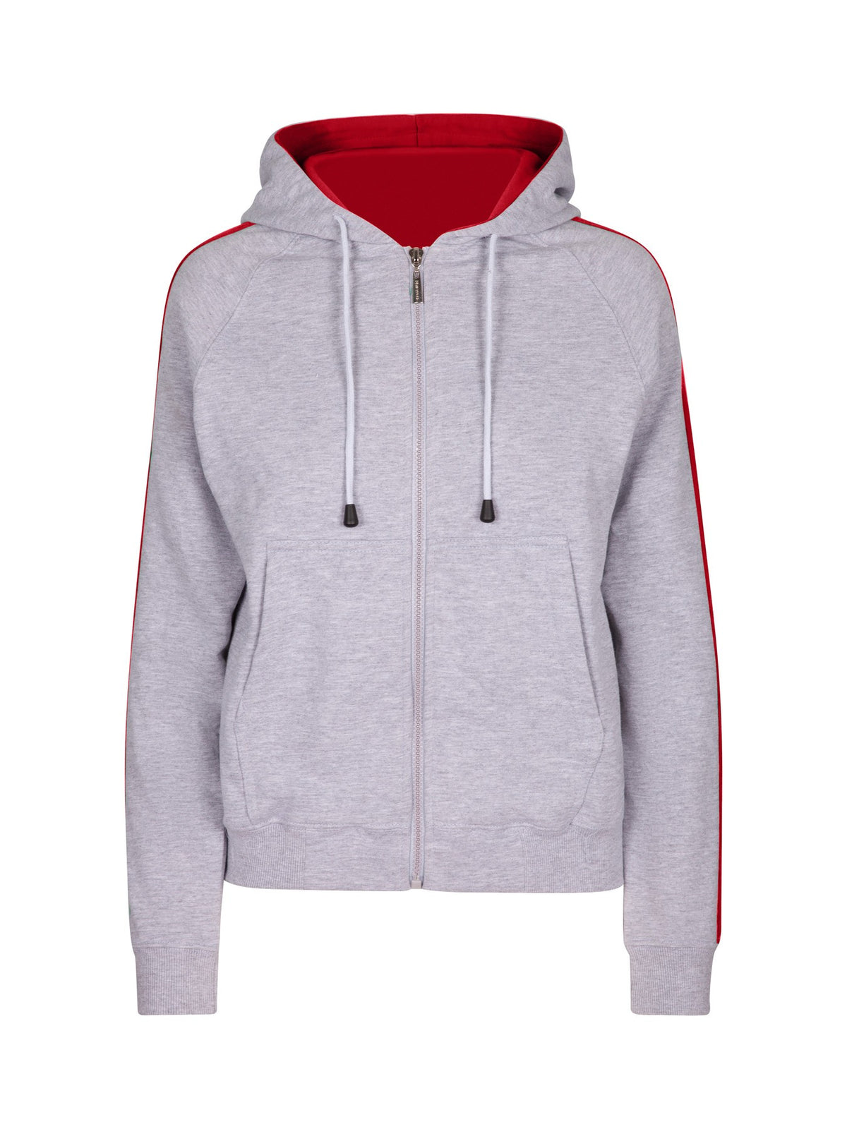 Womens/Junior stripe sleeves Hoodies - Grey Marl/Red - Front