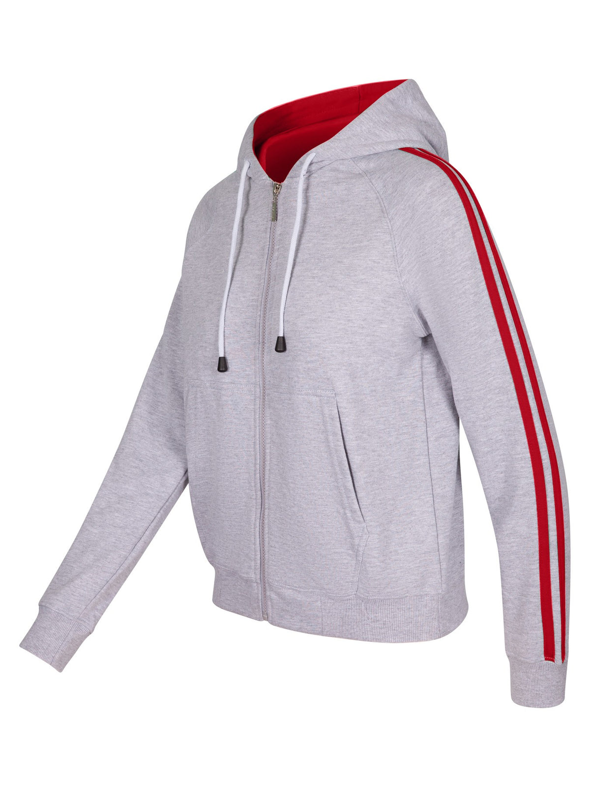 Womens/Junior stripe sleeves Hoodies - Grey Marl/Red - Side