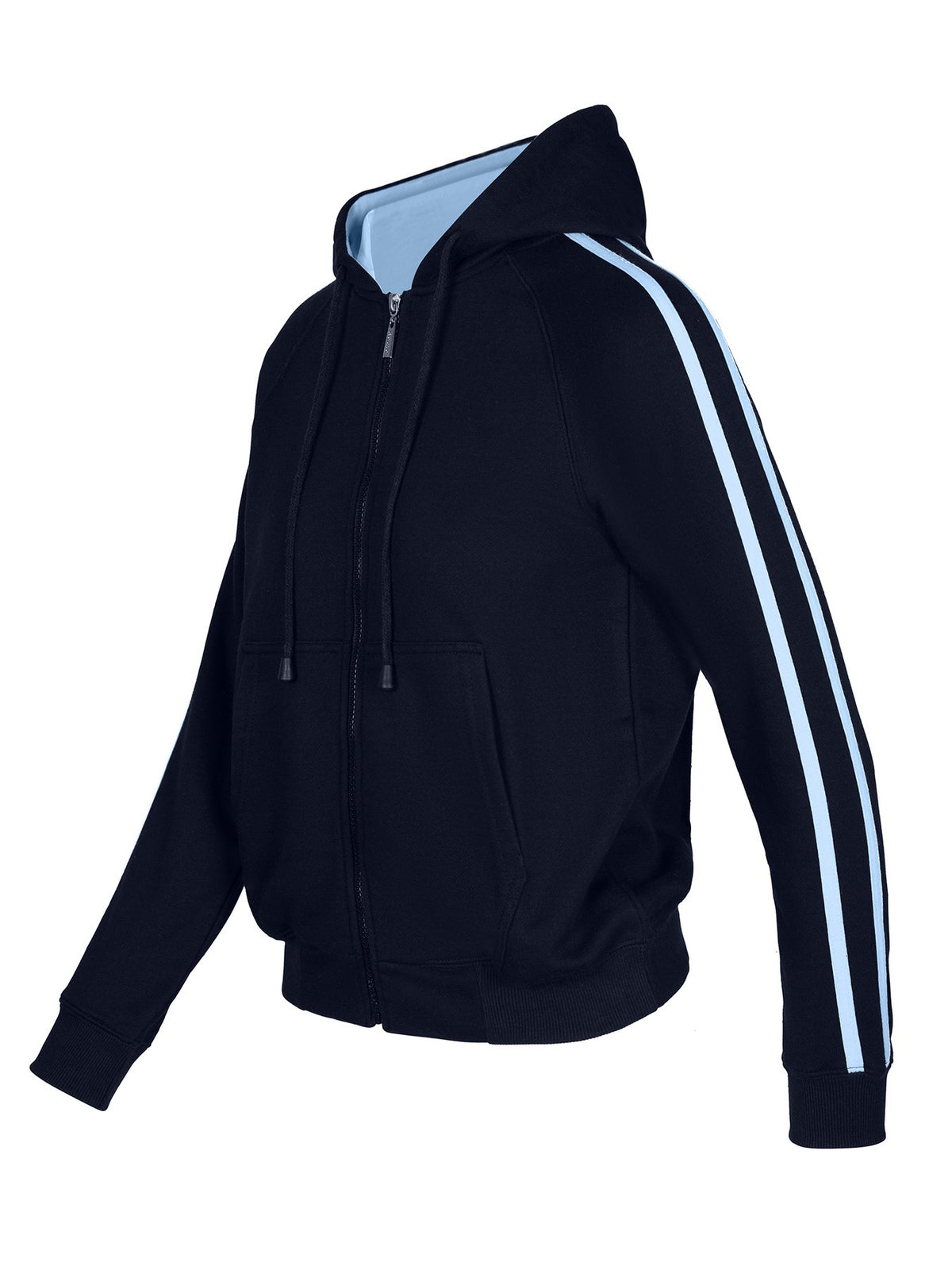 Womens/Junior stripe sleeves Hoodies - Navy/Sky Blue - Side