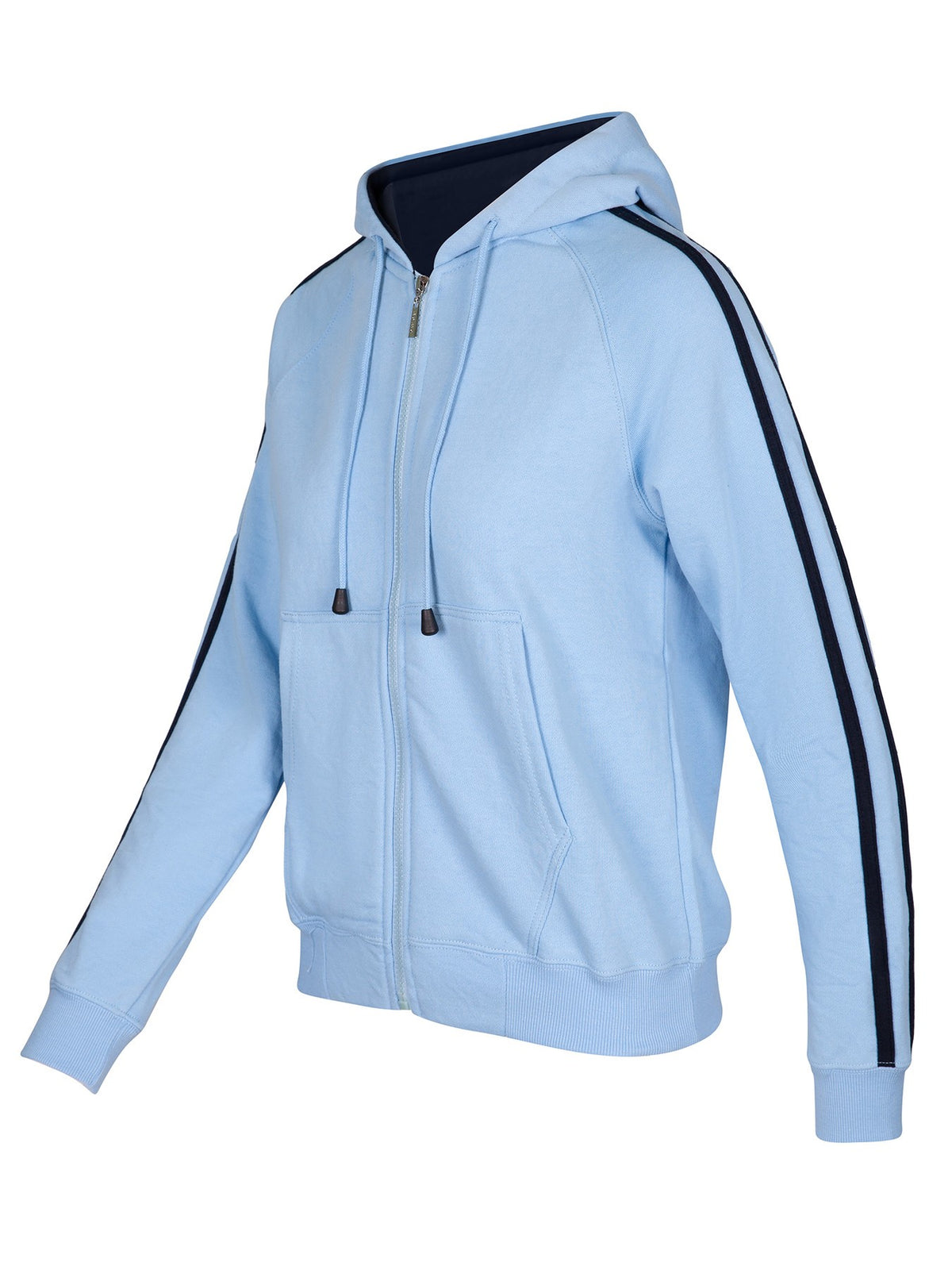 Womens/Junior stripe sleeves Hoodies - Sky Blue/Navy - Side