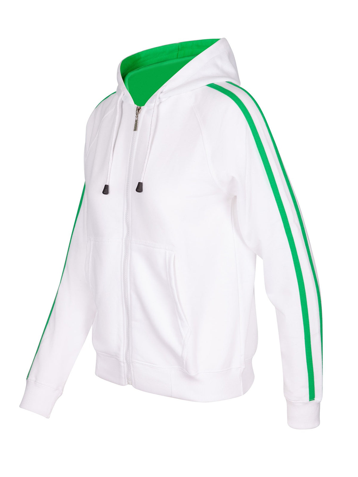Womens/Junior stripe sleeves Hoodies - White/Emerald Green - Side