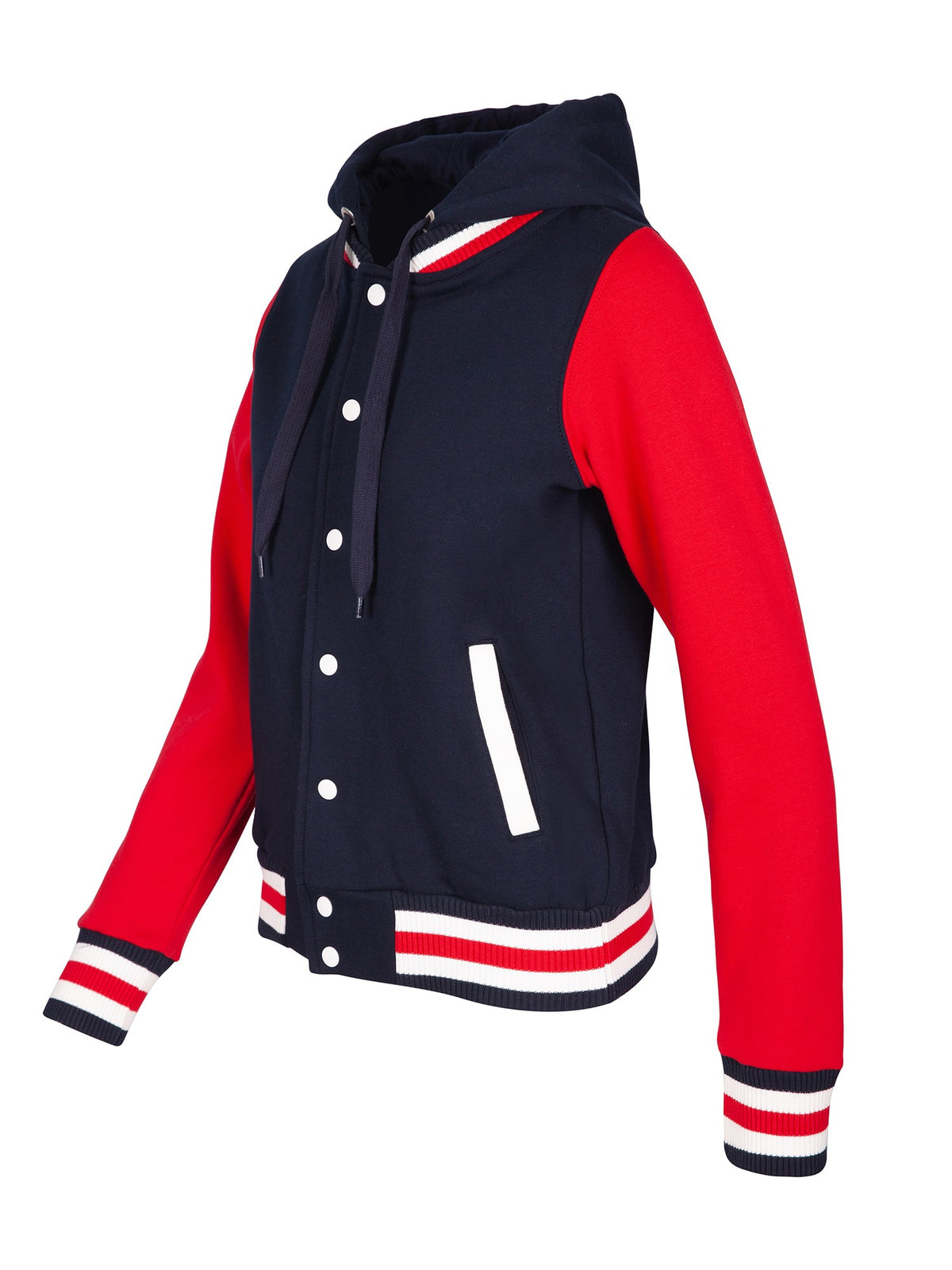 Womens Varsity Jacket & Hood - Navy/Red/White - Side