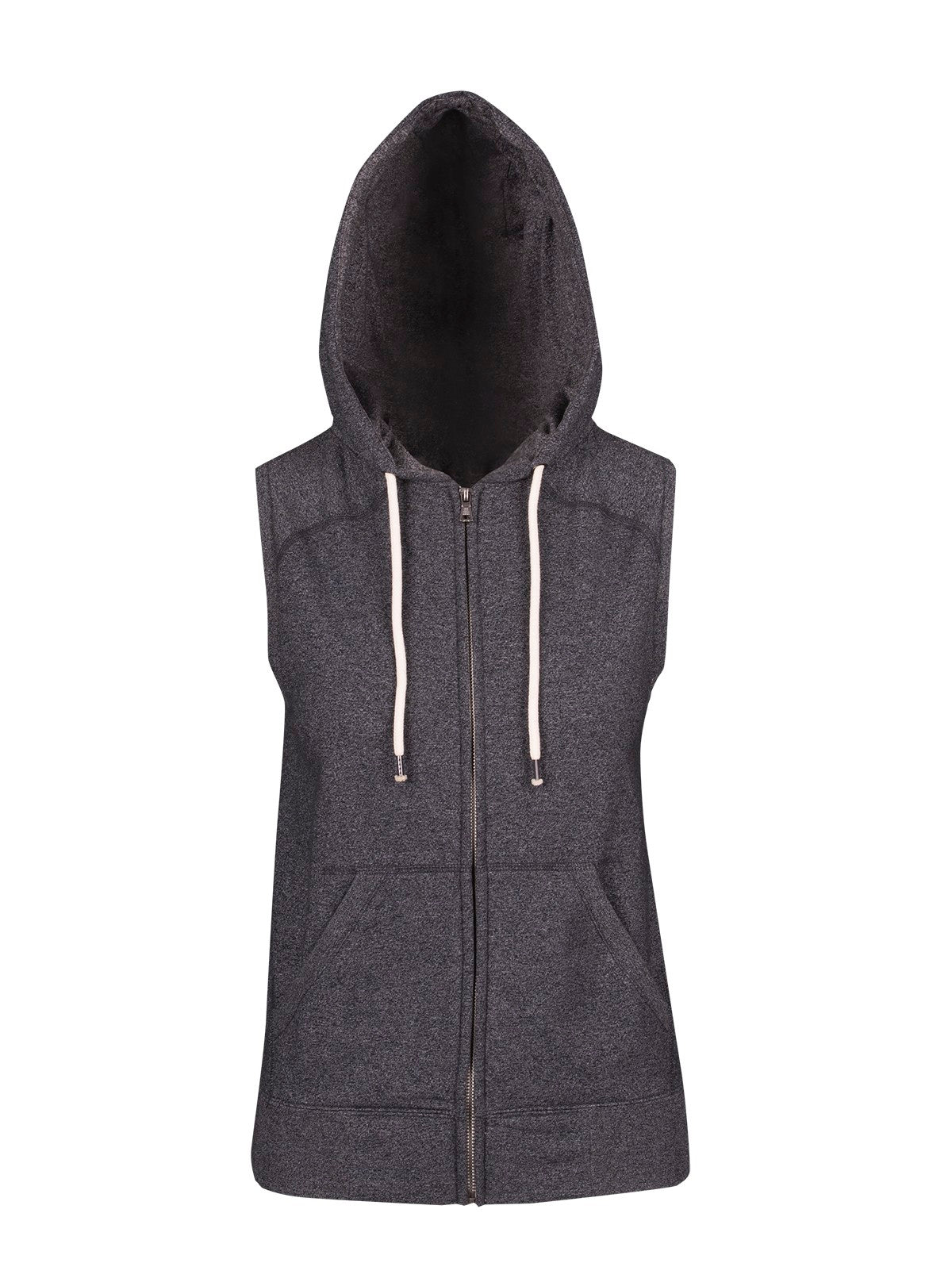 Womens/Junior Heather SLEEVELESS ZIP Hoodies - Greatness Range - Dark Heather - Front