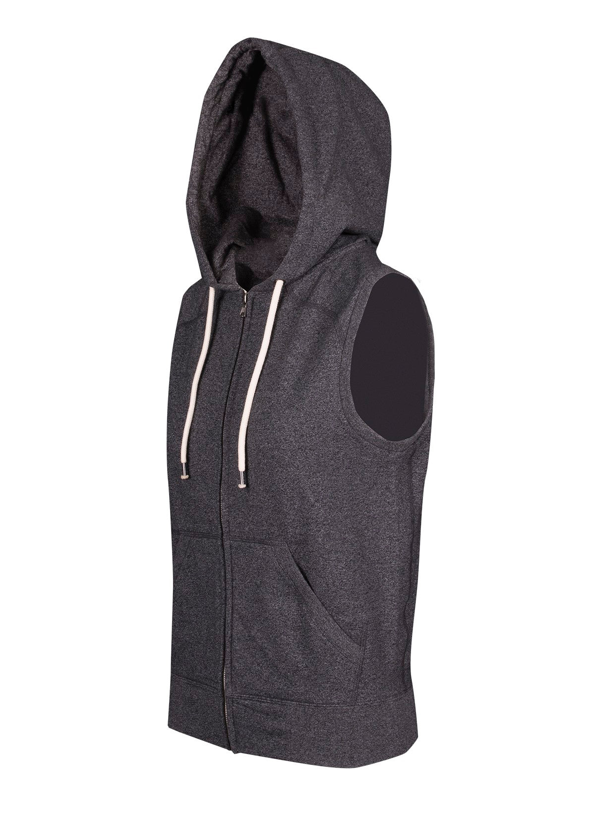 Womens/Junior Heather SLEEVELESS ZIP Hoodies - Greatness Range - Dark Heather - Side